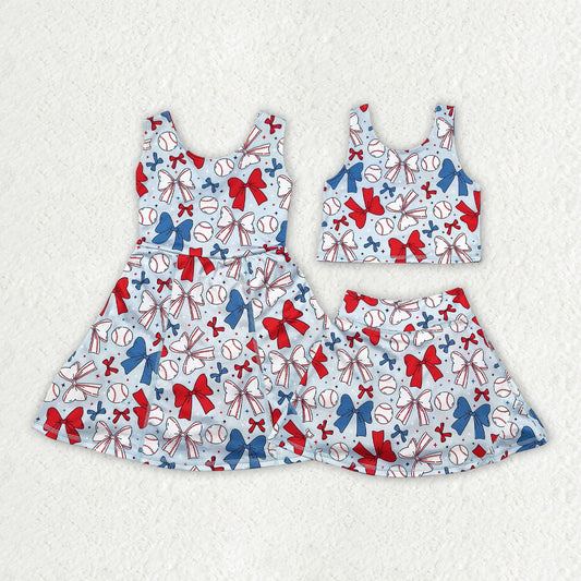Sibling Baby Girls Baseball 4th Of July Yoga Active Wear Vest Skort Sets Knee Length Dresses