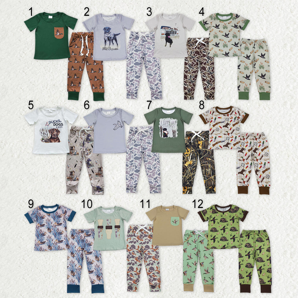 Sibling Baby Boys Short Sleeve Dogs Ducks Top Pants Hunting Pajamas Clothes Sets
