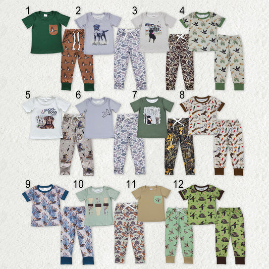 Sibling Baby Boys Short Sleeve Dogs Ducks Top Pants Hunting Pajamas Clothes Sets