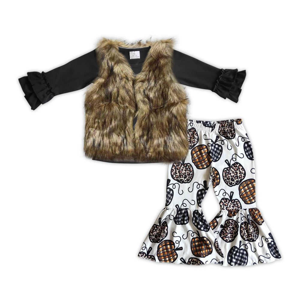 Baby Girls Black Shirt Leopard Pumpkin Brown Fur Vest 3pcs Pants Sets