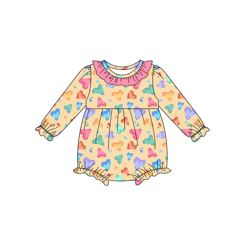 Preorder (moq 5)Baby Girls Colorful Hearts Valentine Ruffle Rompers