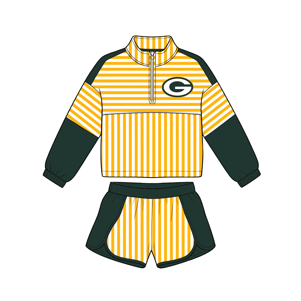 Preorder (moq 5)Baby Girls Orange Stripe Packers Zip Pullovers Short Team Clothes Set