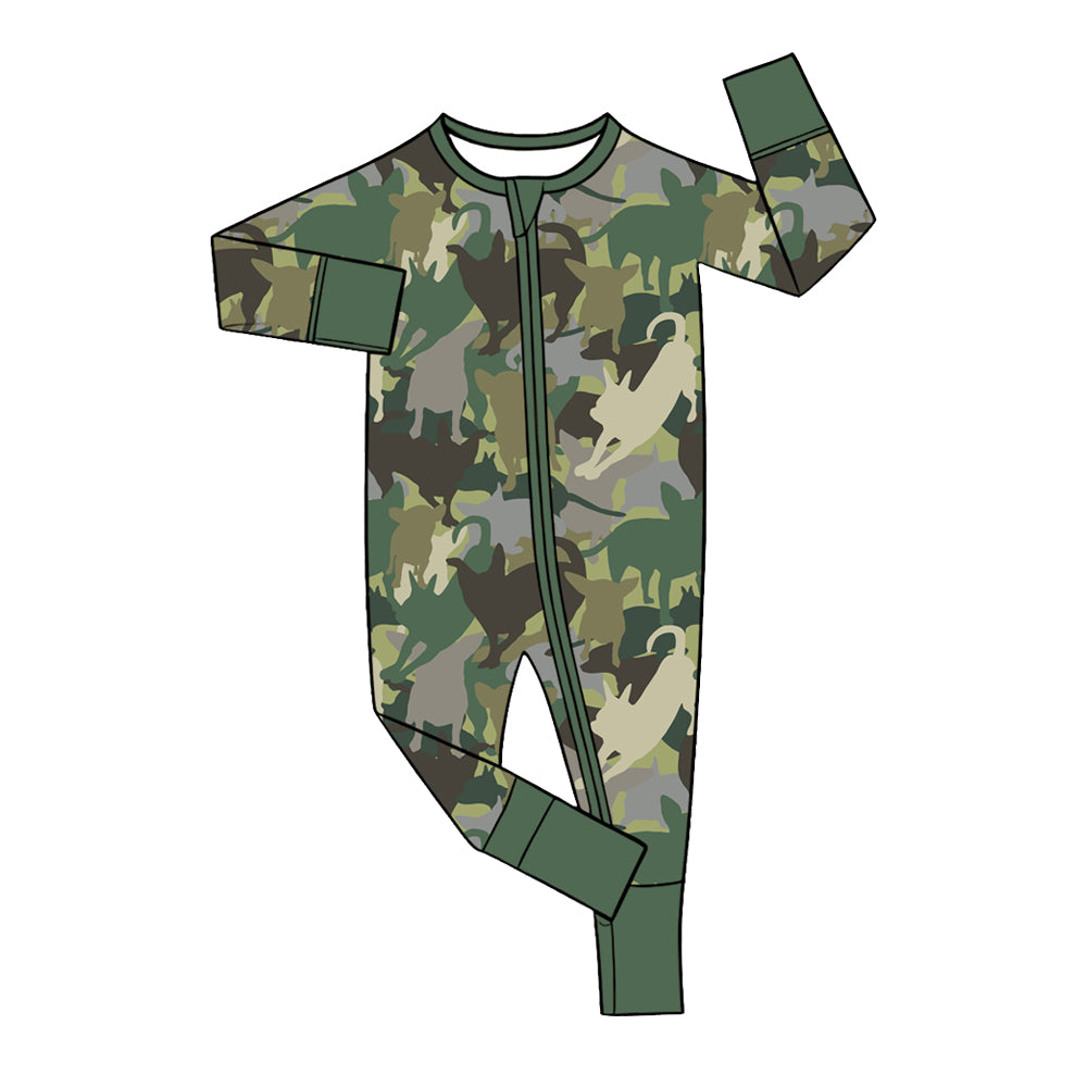 Preorder (moq 5) Baby Boy Clothes Camo Hunting Dog Silhouette Print Long Sleeve Zipper Romper