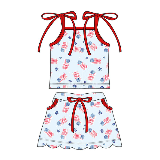 Preorder moq 5 Baby Girls Strap Flower Flags Top Pockets Scallop Skirt Short 4th of July Clothes Sets