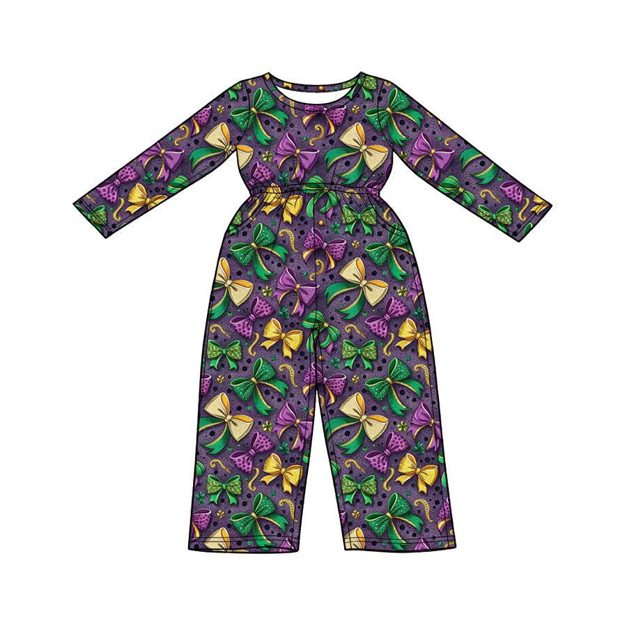 Preorder (moq 5) Baby Girl Clothes Mardi Gras Bow Print Long Sleeve Waist Jumpsuit
