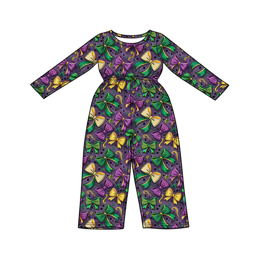 Preorder (moq 5) Baby Girl Clothes Mardi Gras Bow Print Long Sleeve Waist Jumpsuit