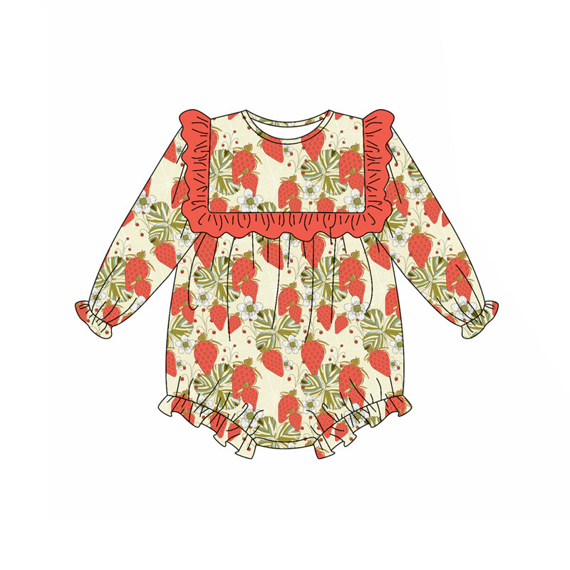 Preorder (moq 5)Baby Girls Long Ruffle Sleeves Leaves Strawberry Rompers