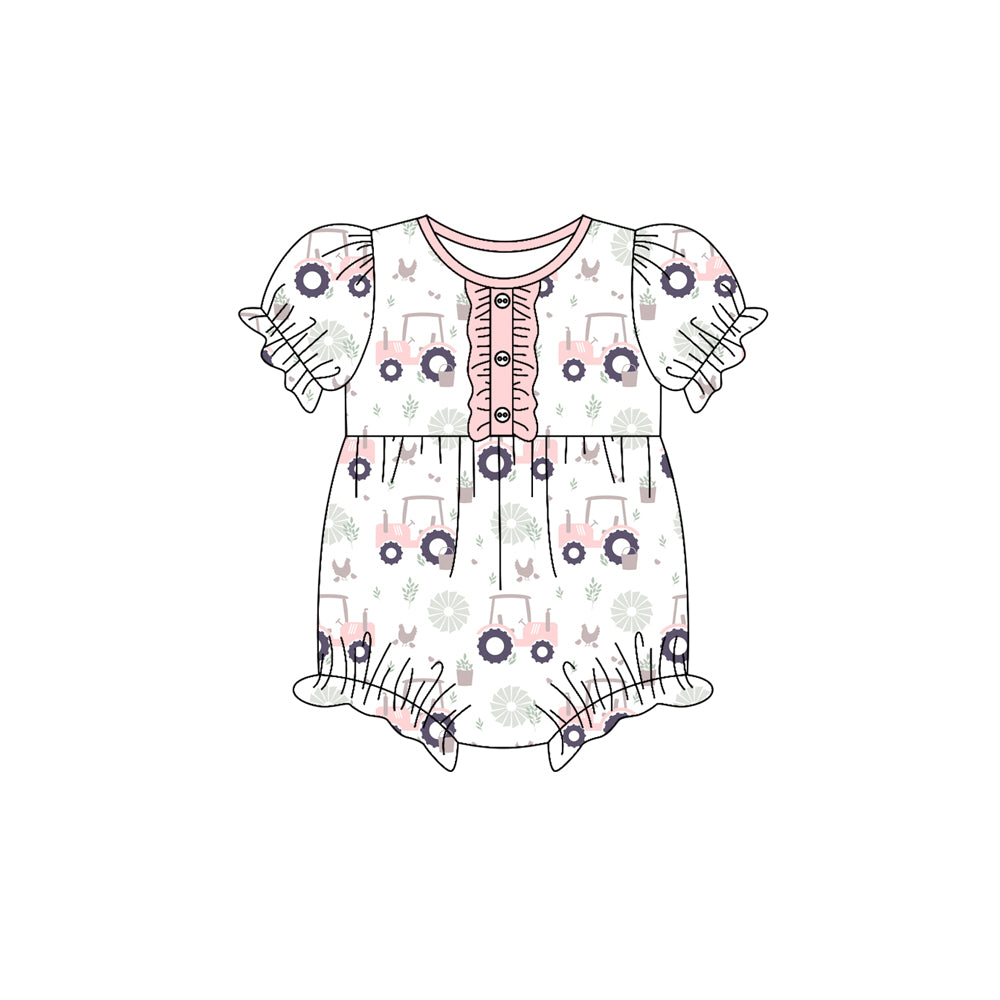 Preorder (moq 5)Baby Girls Short Ruffle Sleeve Button Chicks Trucks Farm Rompers