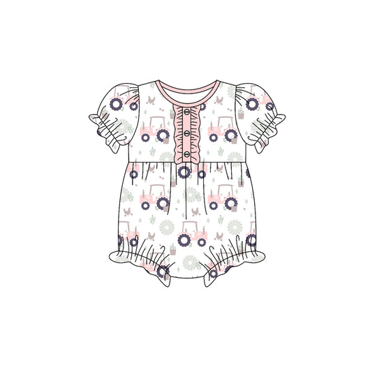 Preorder (moq 5)Baby Girls Short Ruffle Sleeve Button Chicks Trucks Farm Rompers