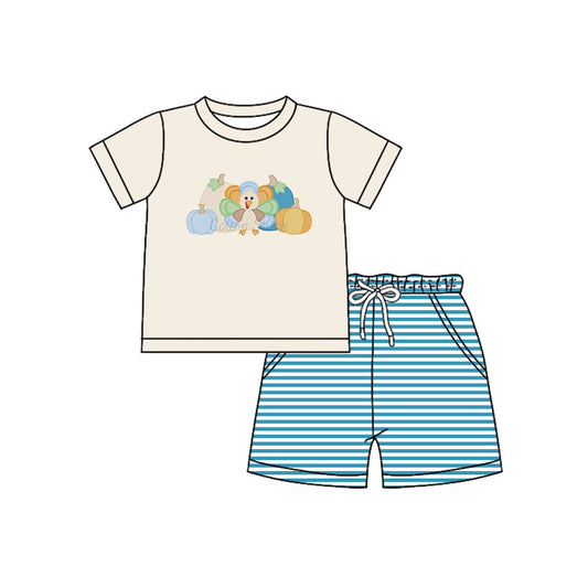 Preorder (moq 5)Baby Boys Khaki Short Sleeves Turkey Pumpkins Top Blue Stripes Pockets Shorts Set