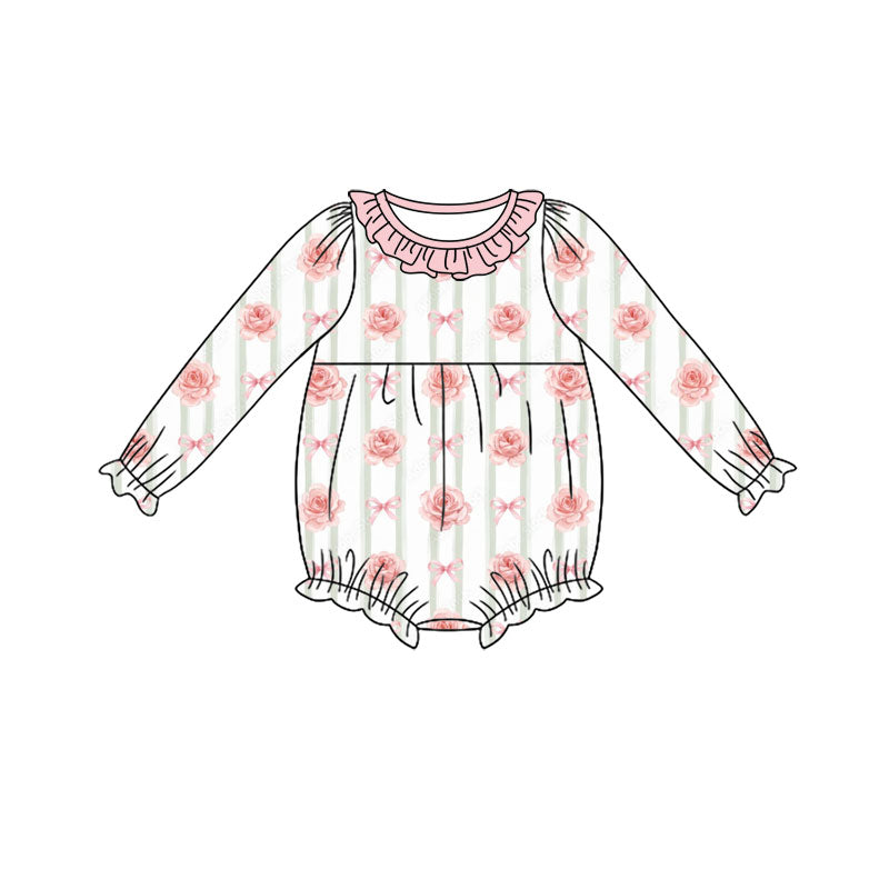 Preorder (moq 5) Baby Girl Clothes Rose Bow Stripe Print Long Sleeve Ruffle Neck Bubble Romper