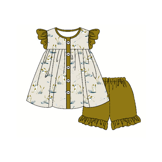 Preorder (moq 5)Baby Girls Flutter Sleeves Button Dogs Bees Tunic Ruffle Short Sets