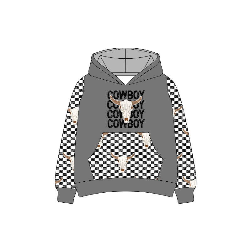 Preorder (moq 5)Baby Boys Long Sleeves Bull Skull Cowboy Pocket Hoodies Top