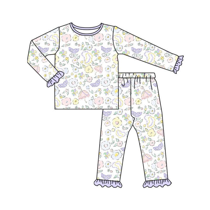Preorder(moq 5) Baby Girls Flowers Masks Top Ruffle Pants Mardigras Pajamas Sets