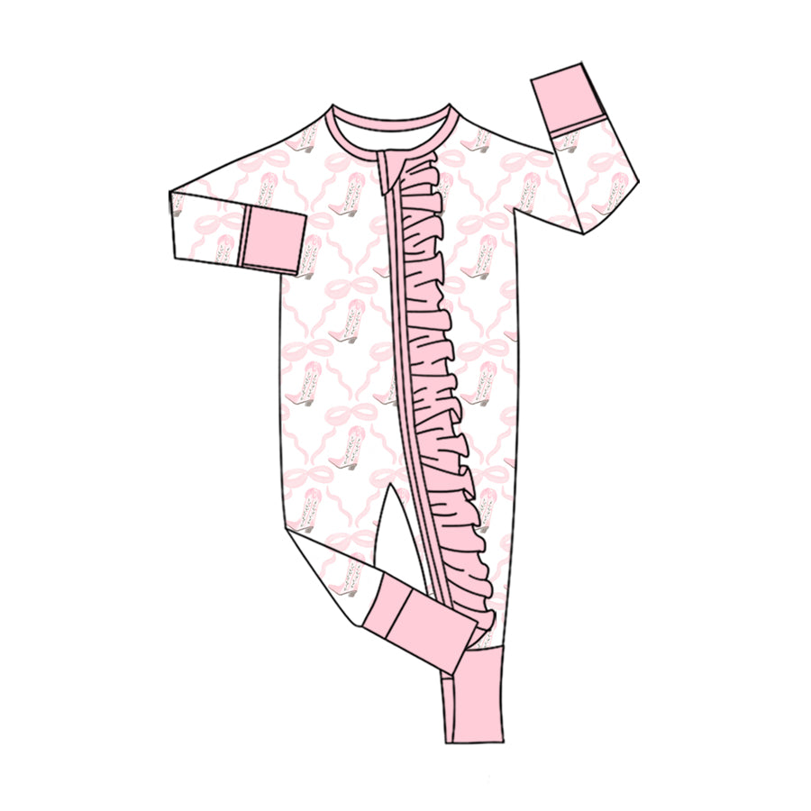 Preorder(moq5)  Baby Girls Clothes High-Quality Western Cowboy Boots Print Cotton Ruffle Zipper Romper