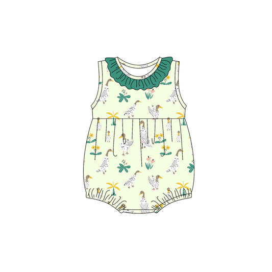 Preorder(moq 5)Baby Infant Girls Green Sleeveless Floral Ducks Ruffle Rompers