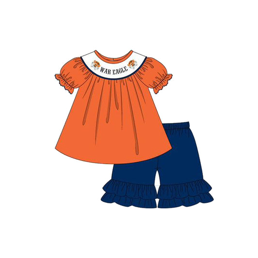 Preorder (moq 5)Baby Girls War Eagle Team Tee Top Ruffle Shorts Clothes Sets
