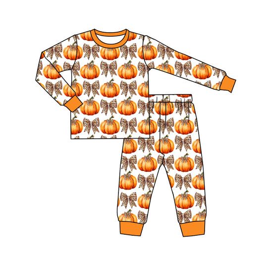 Preorder (moq 5)Baby Girls Leopard Bows Pumpkins Top Pants Fall Pajamas Set