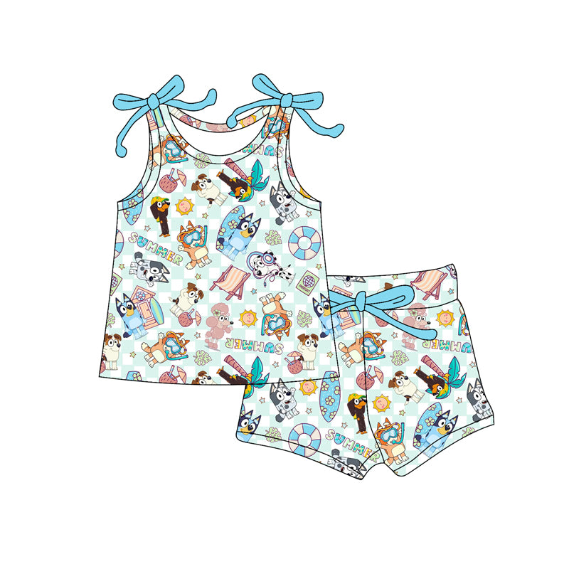 Preorder moq 5 Baby Girls Bows Sleeveless Cartoon Dogs Beach Top Short Set
