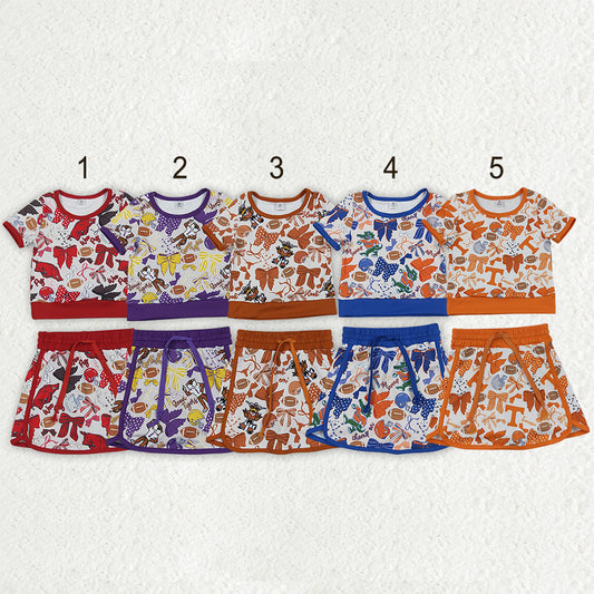Sibling Baby Girls Short Sleeve Bows Footballs Top Skirt Shorts Team Clothes Sets