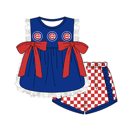 Preorder moq 5 Baby Girls Sleeveless Cubs Lace Tunic Checked Short Team Clothes Sets