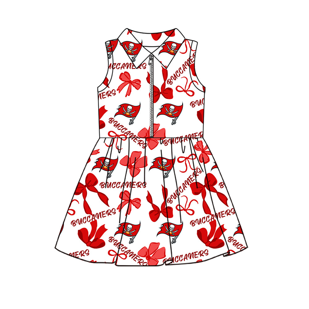 Preorder (moq 5)Baby Girls Sleeveless Bows Buccaners Team Zip Short Knee Length Dress