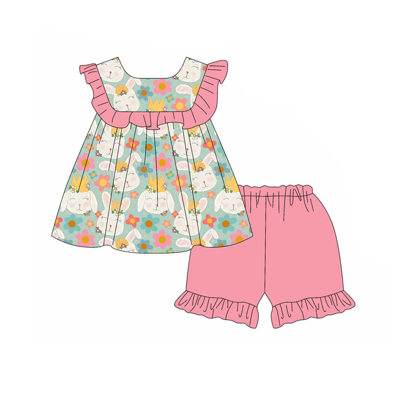 Preorder(moq 5) Baby Girls Rabbits Flowers Tunic Ruffle Shorts Easter Clothes Sets