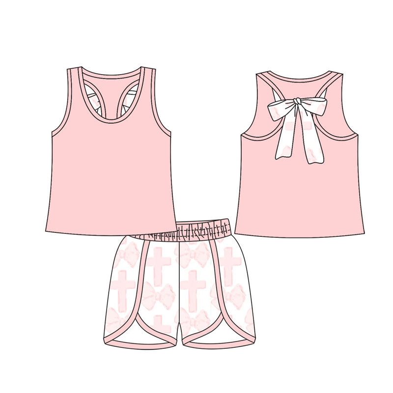 Preorder(moq 5) Baby Girls Pink Back Bow Vest Crosses Shorts Easter Clothes Sets