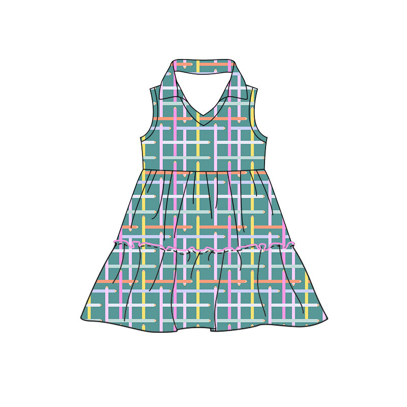 Preorder moq 5 Baby Girls Pencils Checked Back to School Patchwork Knee Length Dress