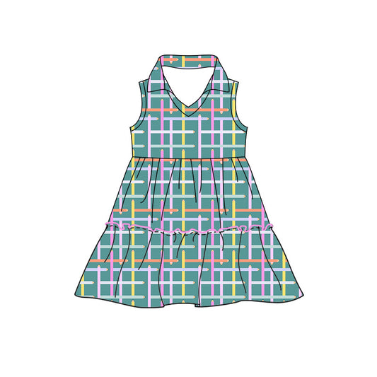 Preorder moq 5 Baby Girls Pencils Checked Back to School Patchwork Knee Length Dress