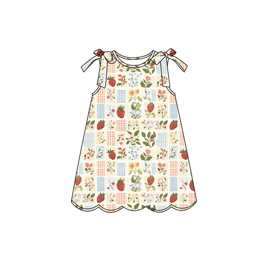 Preorder (moq 5)Baby Girls Sleeveless Strawberry Flowers Checked Scallop Knee Length Dress