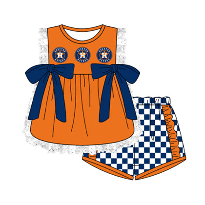 Preorder moq 5 Baby Girls Houston Astros Tunic Checked Short Team Clothes Sets