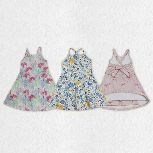 Sibling Baby Girls Strap Bows Flowers Yoga Active Shorts Knee Length Dresses
