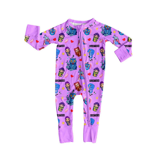 Preorder (moq 5)Baby Girls Pink Long Sleeve Cartoon Girls Hearts Zipper Footie Rompers