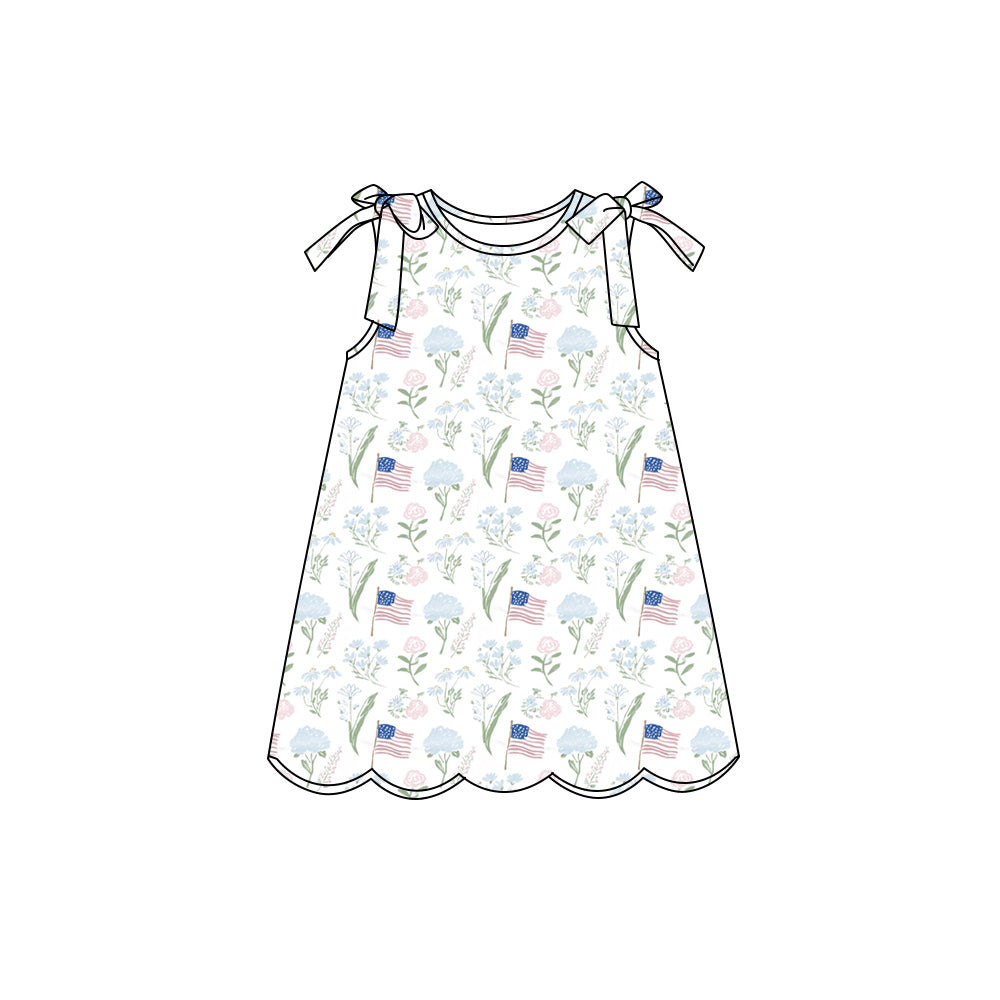 Preorder (moq 5)Baby Girls Red Blue Flags Flowers 4th of July Scallop Knee Length Dresses