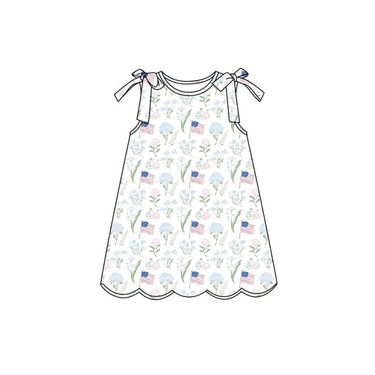 Preorder (moq 5)Baby Girls Red Blue Flags Flowers 4th of July Scallop Knee Length Dresses
