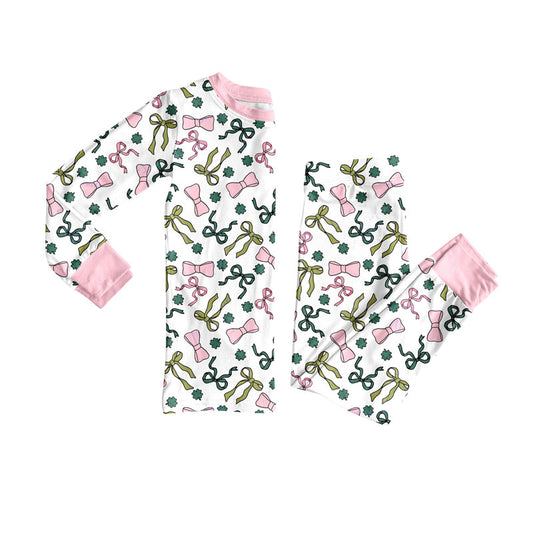 Preorder(moq 5) Baby Girls Bows Clovers Checked Top Pants St Patrick Pajamas Sets