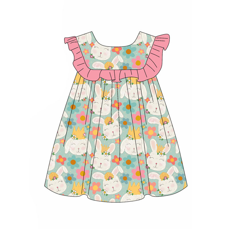 Preorder(moq 5) Baby Girls Rabbits Flowers Easter Knee Length Dresses