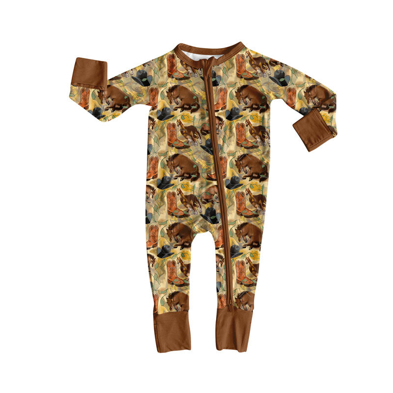 Preorder(moq 8)Baby Boys Horses Boots Hats Western Zipper Footie Rompers
