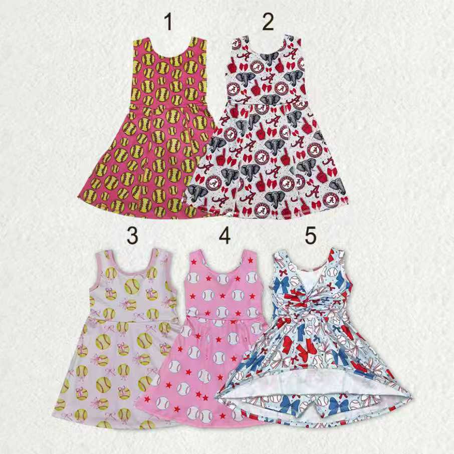 Sibling Baby Girls Softballs Baseballs Bows Yoga Active Short Team Knee Length Dresses