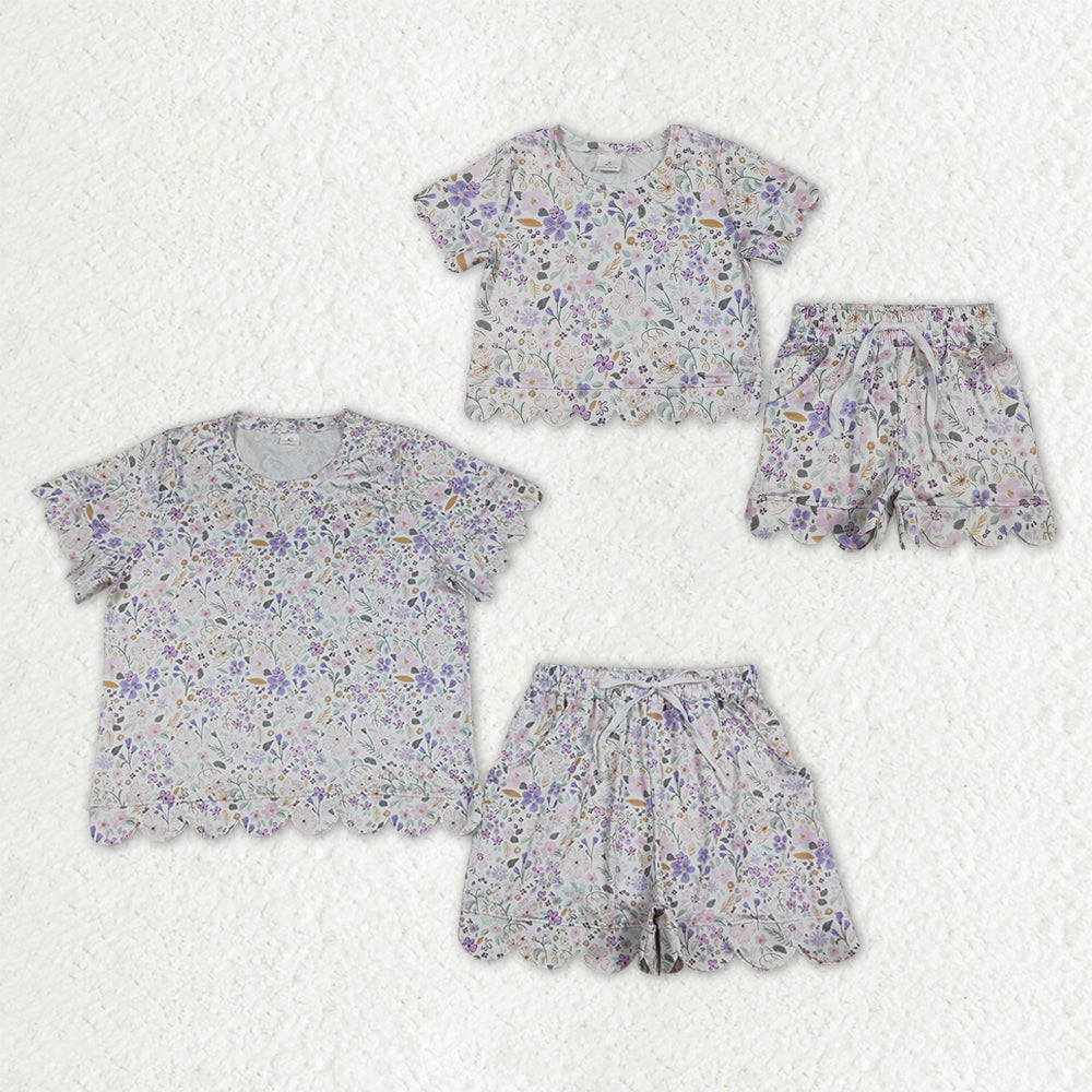 Mama and Me Girls Colorful Flowers Top Pockets Short Scallop Clothes Sets