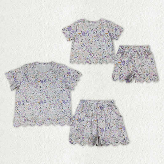Mama and Me Girls Colorful Flowers Top Pockets Short Scallop Clothes Sets
