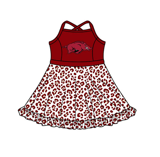 Preorder (custom moq 5)Baby Girls Strap Leopard Arkansas Short Ruffle Team Knee Length Dress