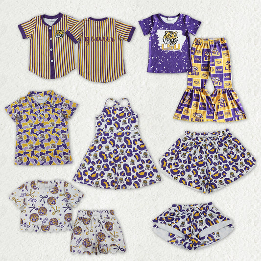 Sibling Mama and Me Kids Bows LSU Tigers Team Clothes Sets Polo Shirt Yoga Active Butterfly Shorts