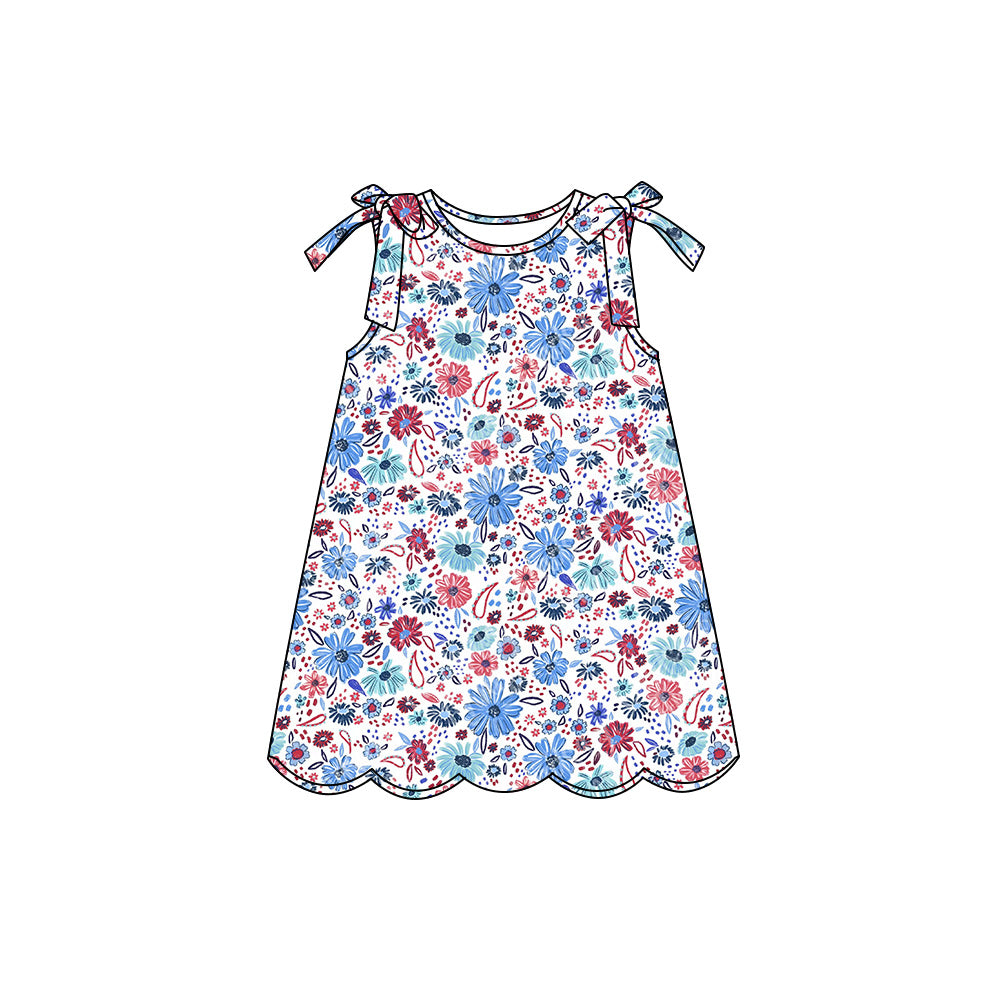 Preorder (moq 5)Baby Girls Red Blue Daisy Flowers 4th of July Scallop Knee Length Dresses