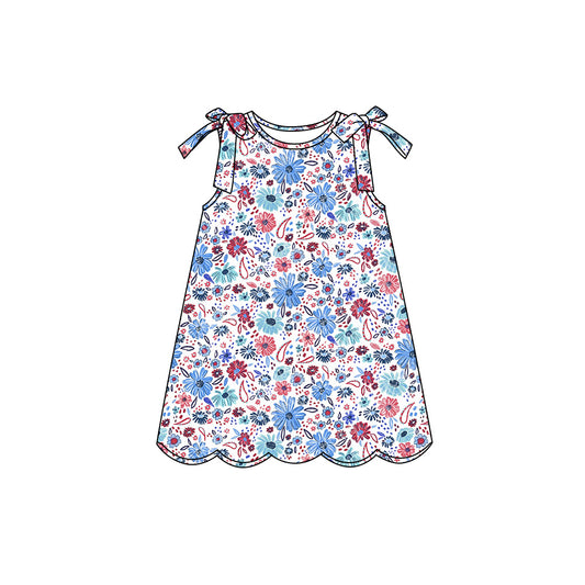 Preorder (moq 5)Baby Girls Red Blue Daisy Flowers 4th of July Scallop Knee Length Dresses
