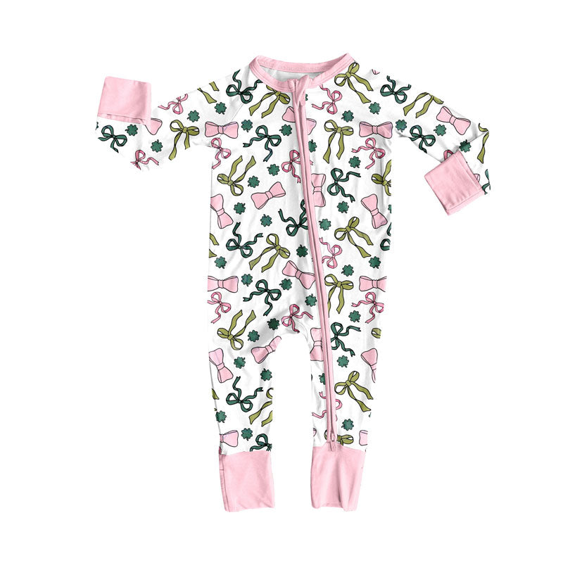 Preorder (moq 5)Baby Girls Bows Clovers Checked St Patrick Zipper Footie Rompers