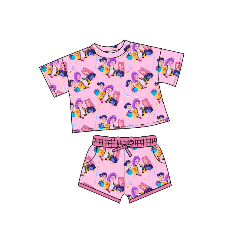Preorder(moq 5) Baby Girls Cartoon Girls Top Pockets Shorts Clothes Sets