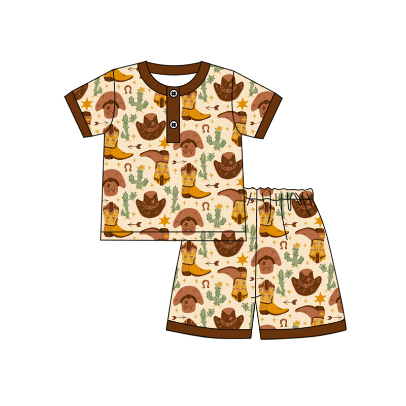 Preorder (moq 5)Baby Boys Buttons Shirt Boots Western Shorts Pajamas Clothes Sets