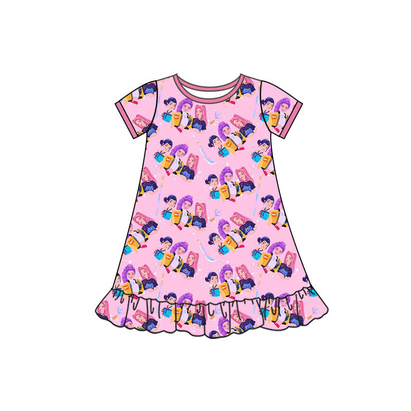 Preorder(moq 5) Baby Girls Short Sleeve Cartoon Girls Ruffle Knee Length Dresses